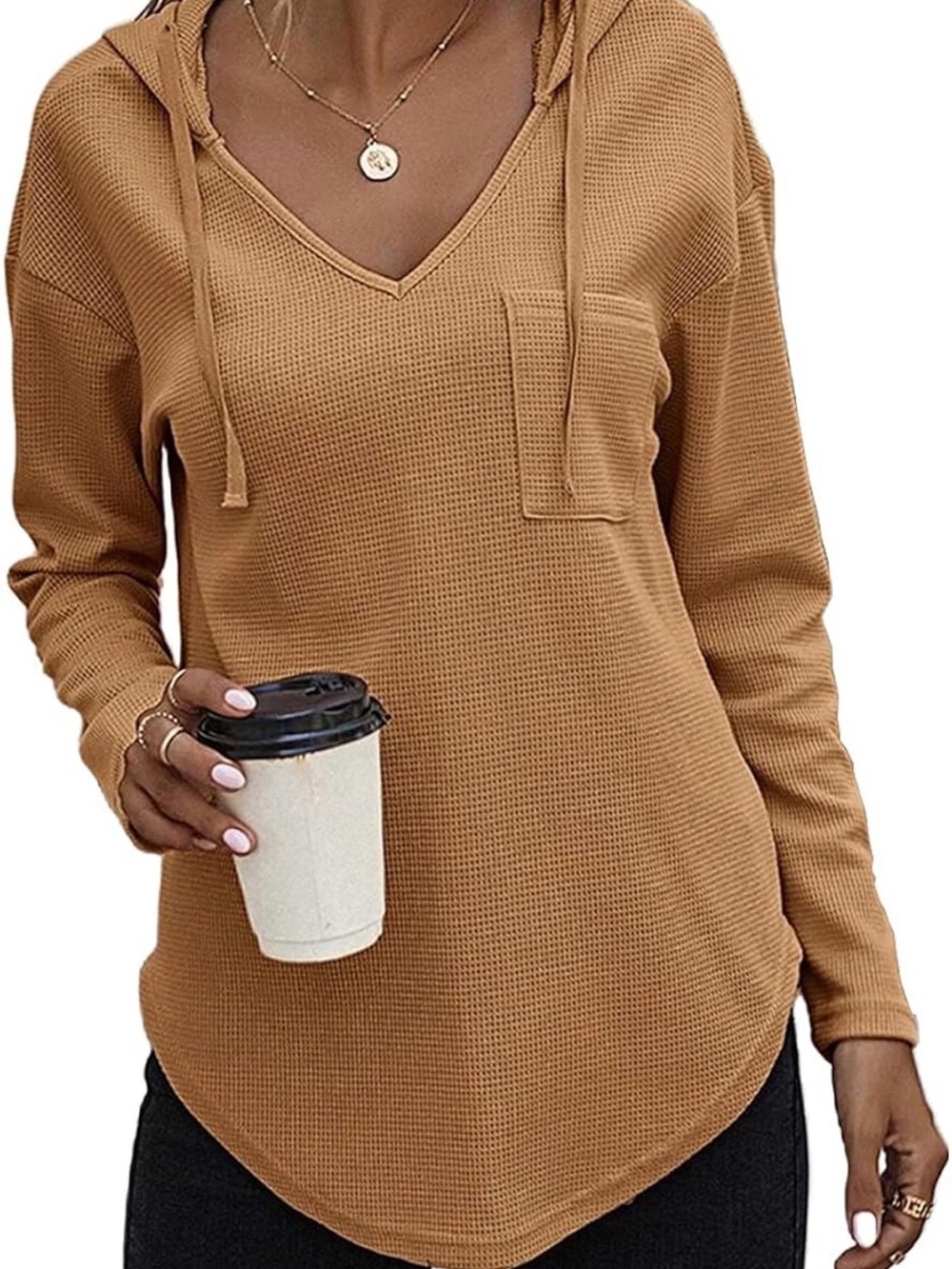 Waffle-Knit V-Neck Hoodie Pullover in Rust